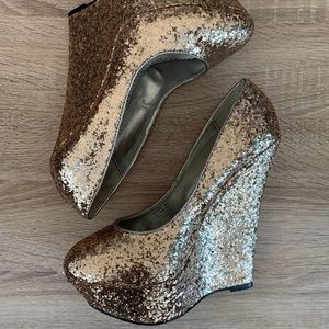 Bebe Gold Glitter Wedges